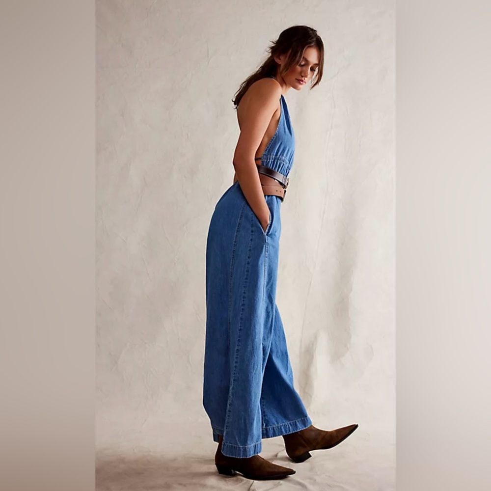 New Free People Sunrays One-Piece Denim Wide-Leg Jumpsuit We The Free - Picture 4 of 16